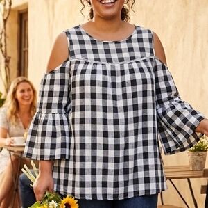 Robert Louis Black and White Checkered Cold Shoulder Blouse